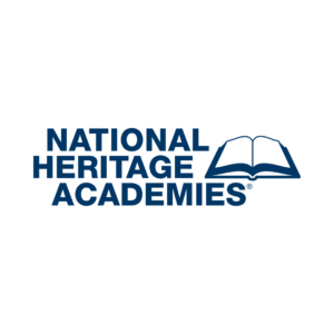National Heritage Academies logo: a dark blue letterform with an open book in the center right